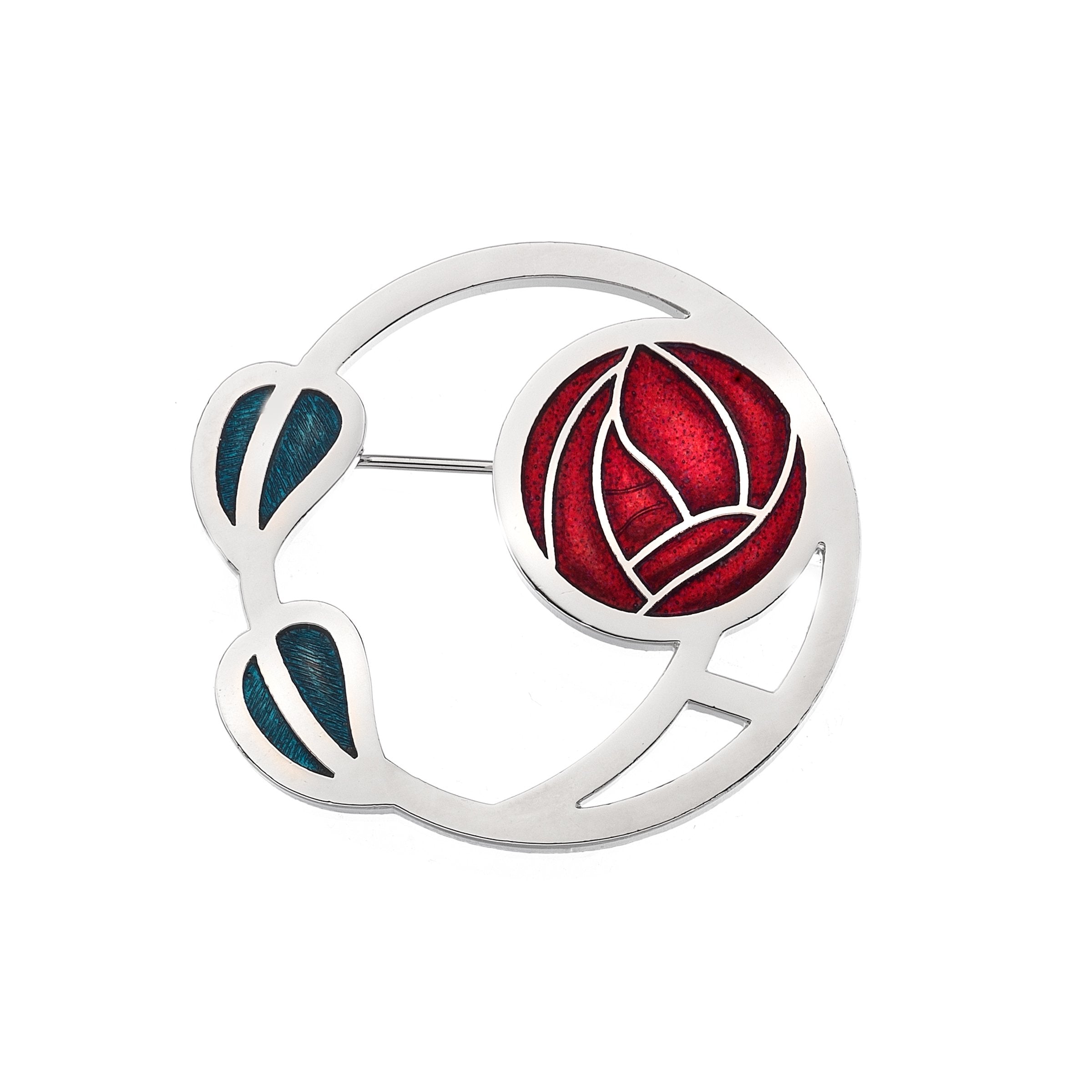 Red Mackintosh Rose and Leaves Brooch